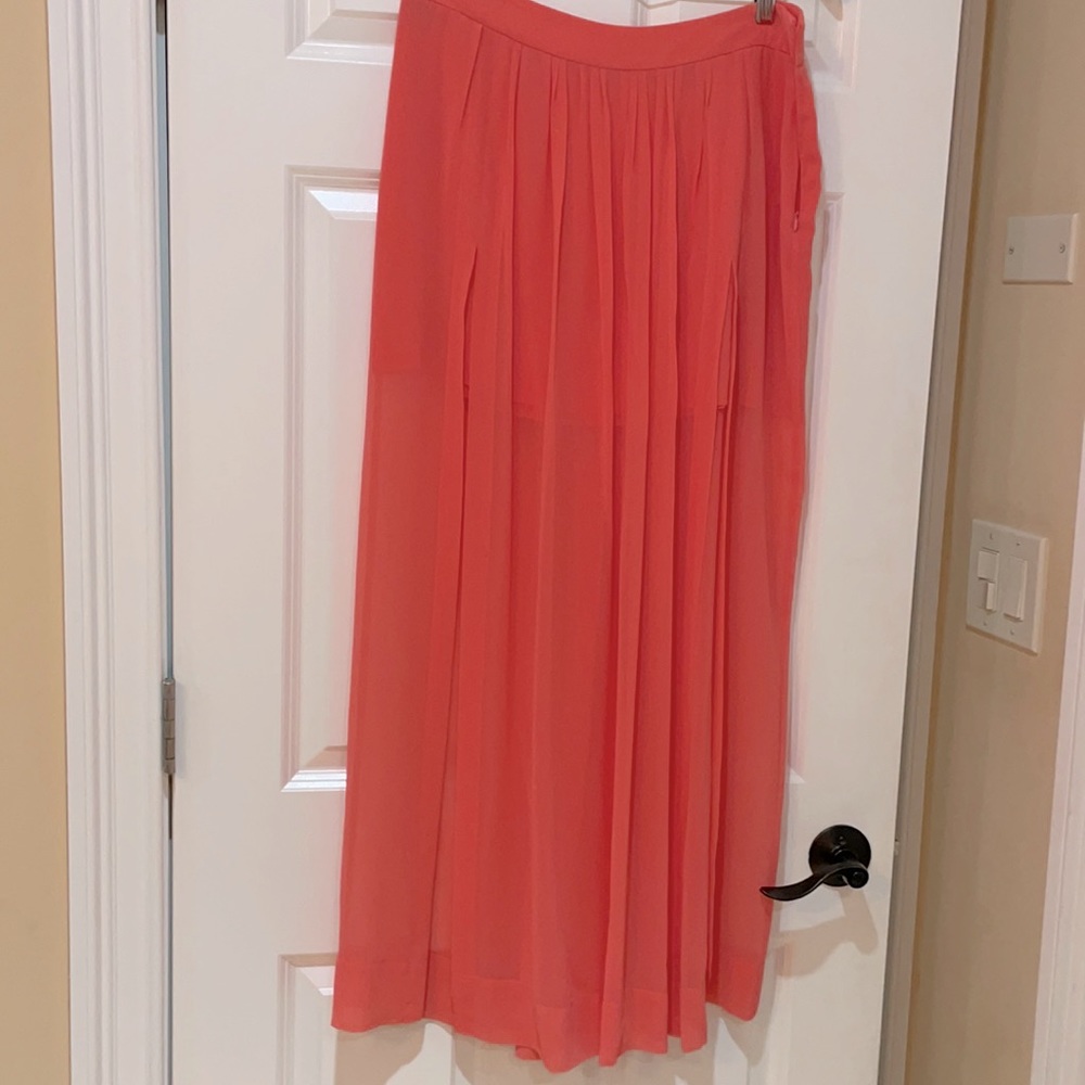 ZARA coral maxi skirt slits sheer pleated - Picture 2 of 6